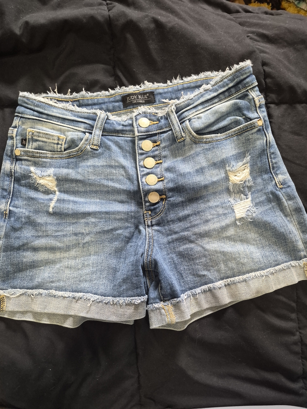 Judy Blue Distressed Light Blue Denim Shorts with 5 Button Fly